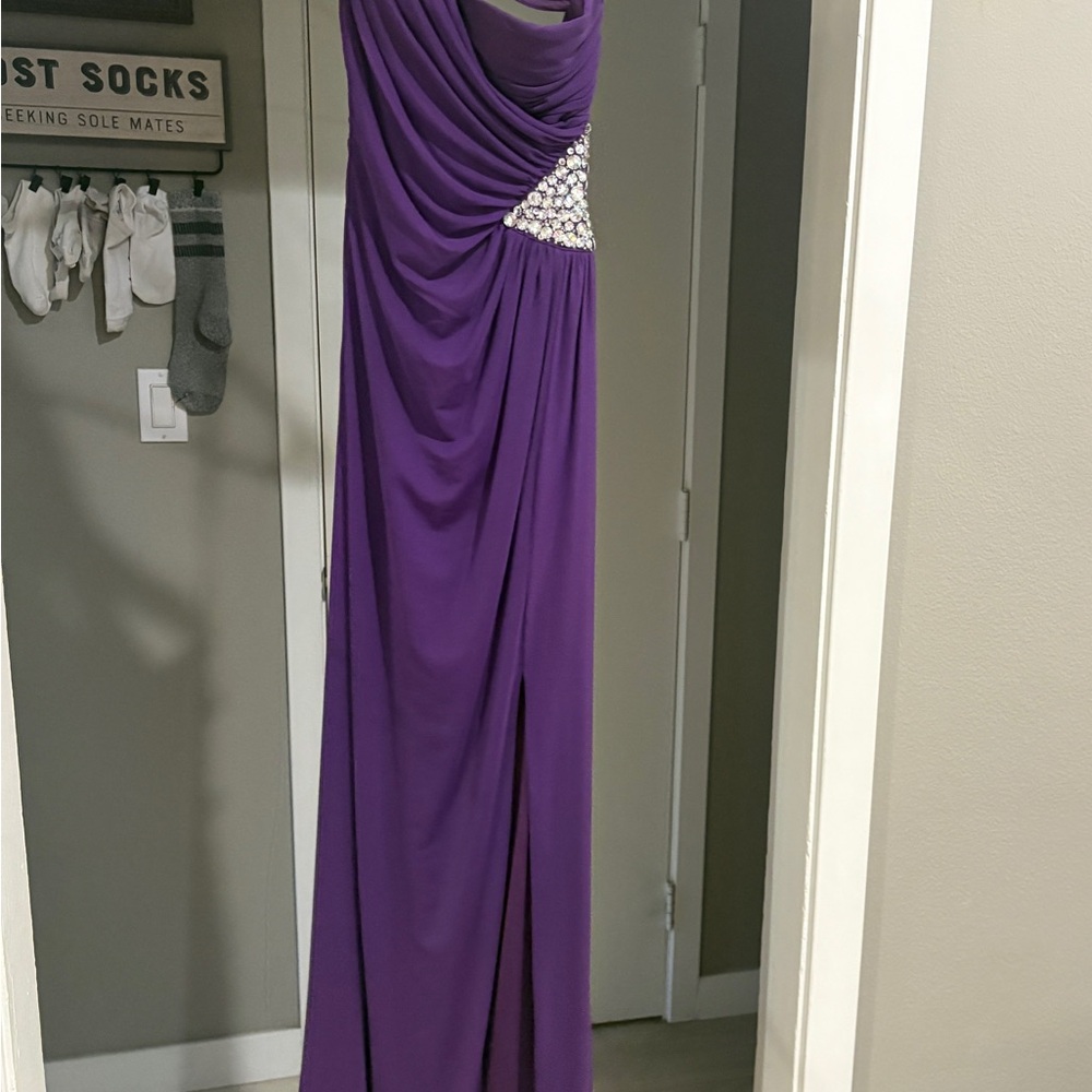 Hailey Logan Purple Beaded-Side Draped Maxi Dress
